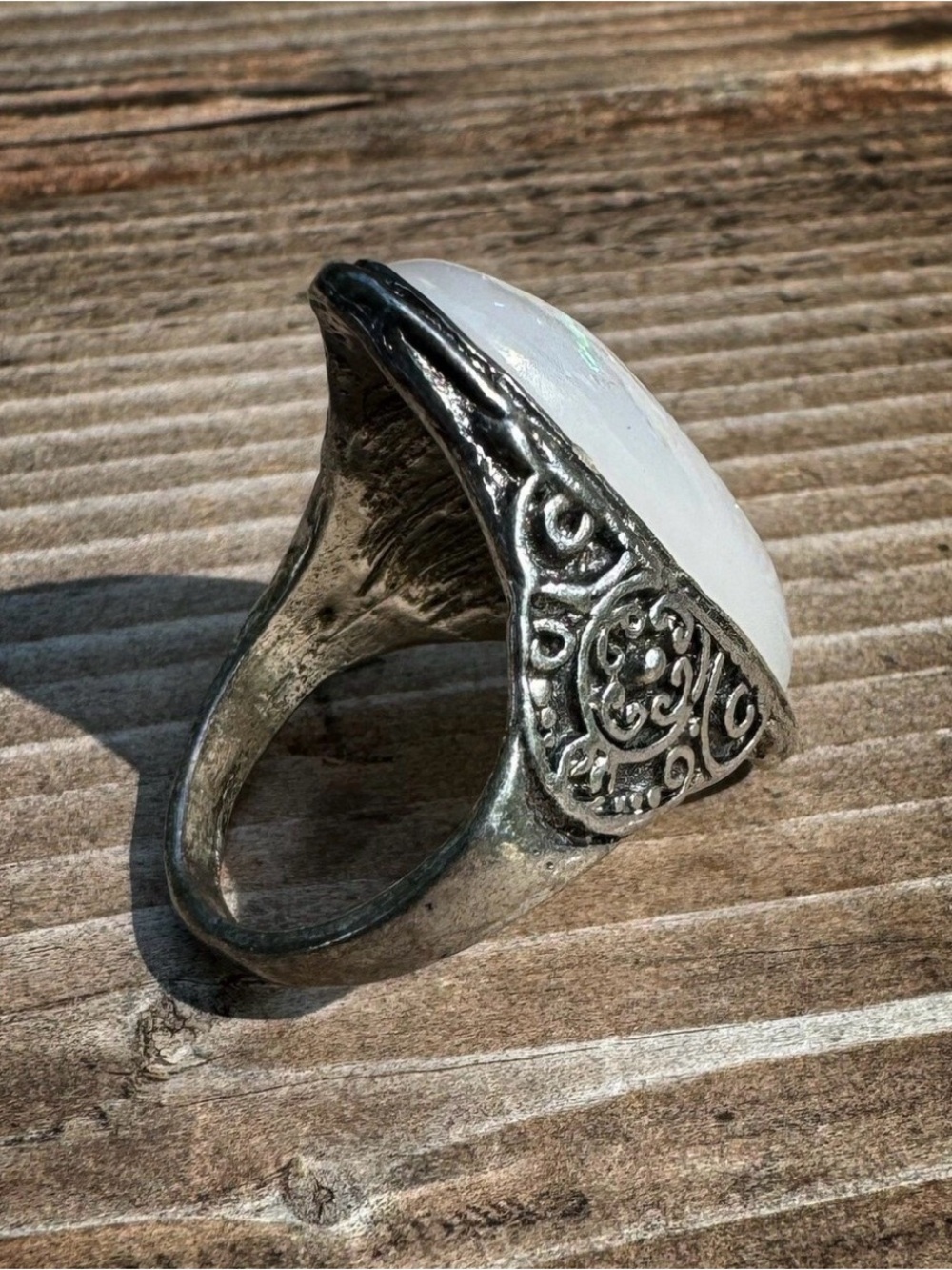 Silver Filigree White Opal-Style Oval Ring - Picture 6 of 6